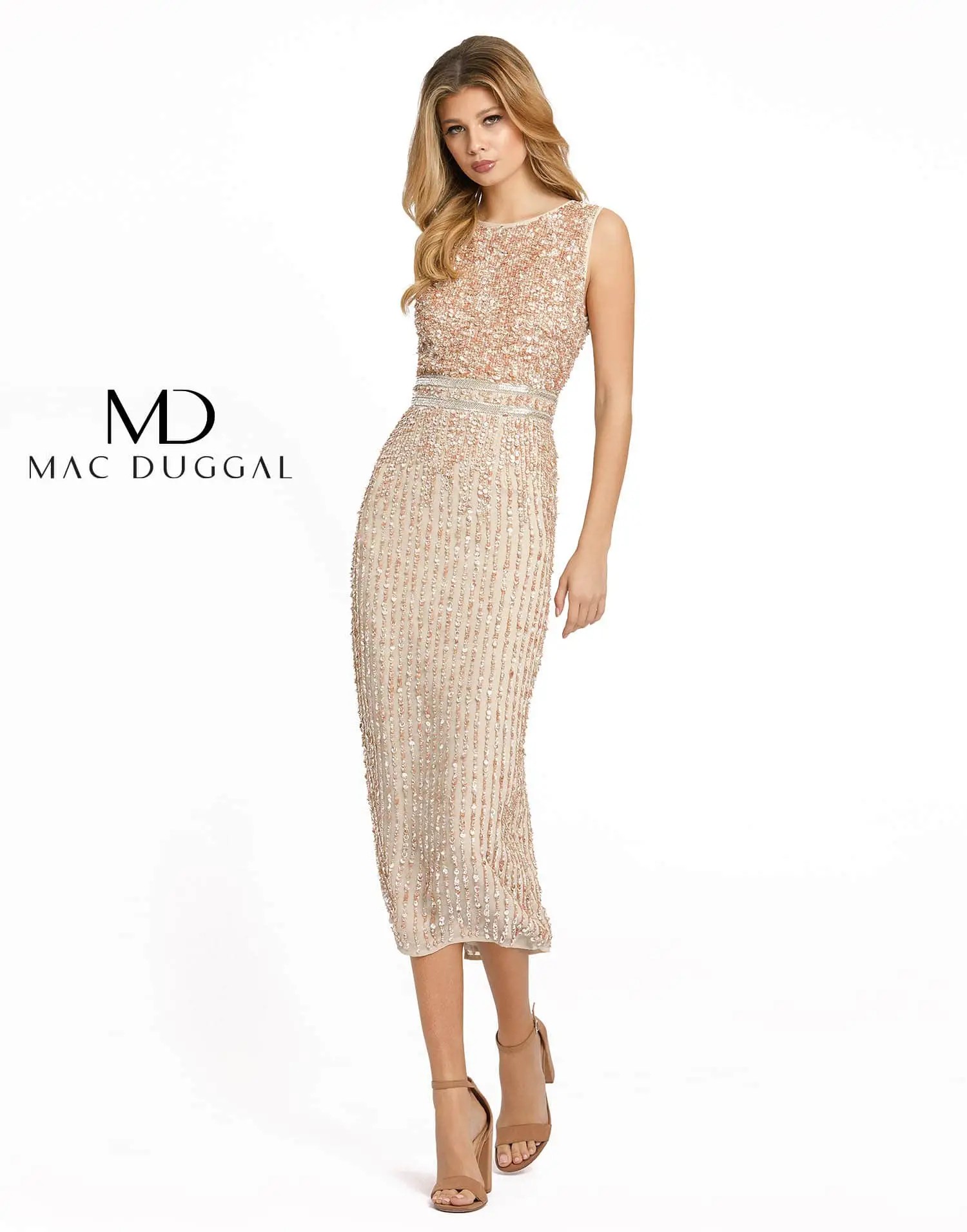 Model is wearing a gold shimmery sleeveless cocktail dress