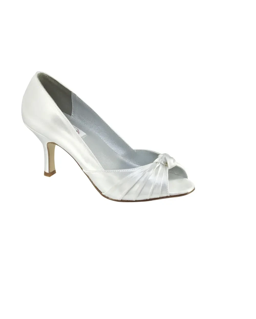 image shows a silver peep toe heel