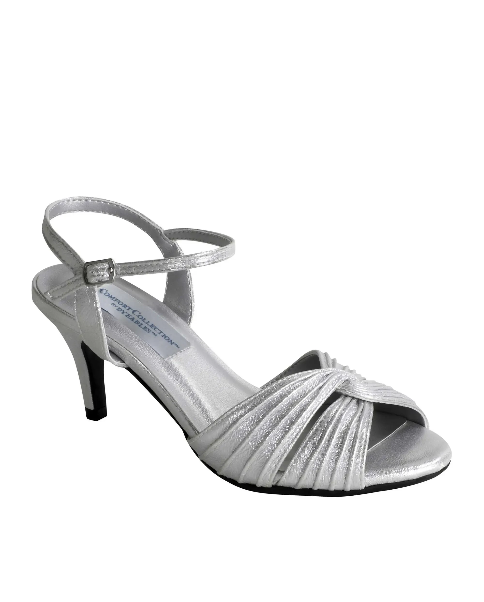 image shows a pair of silver glittery heels